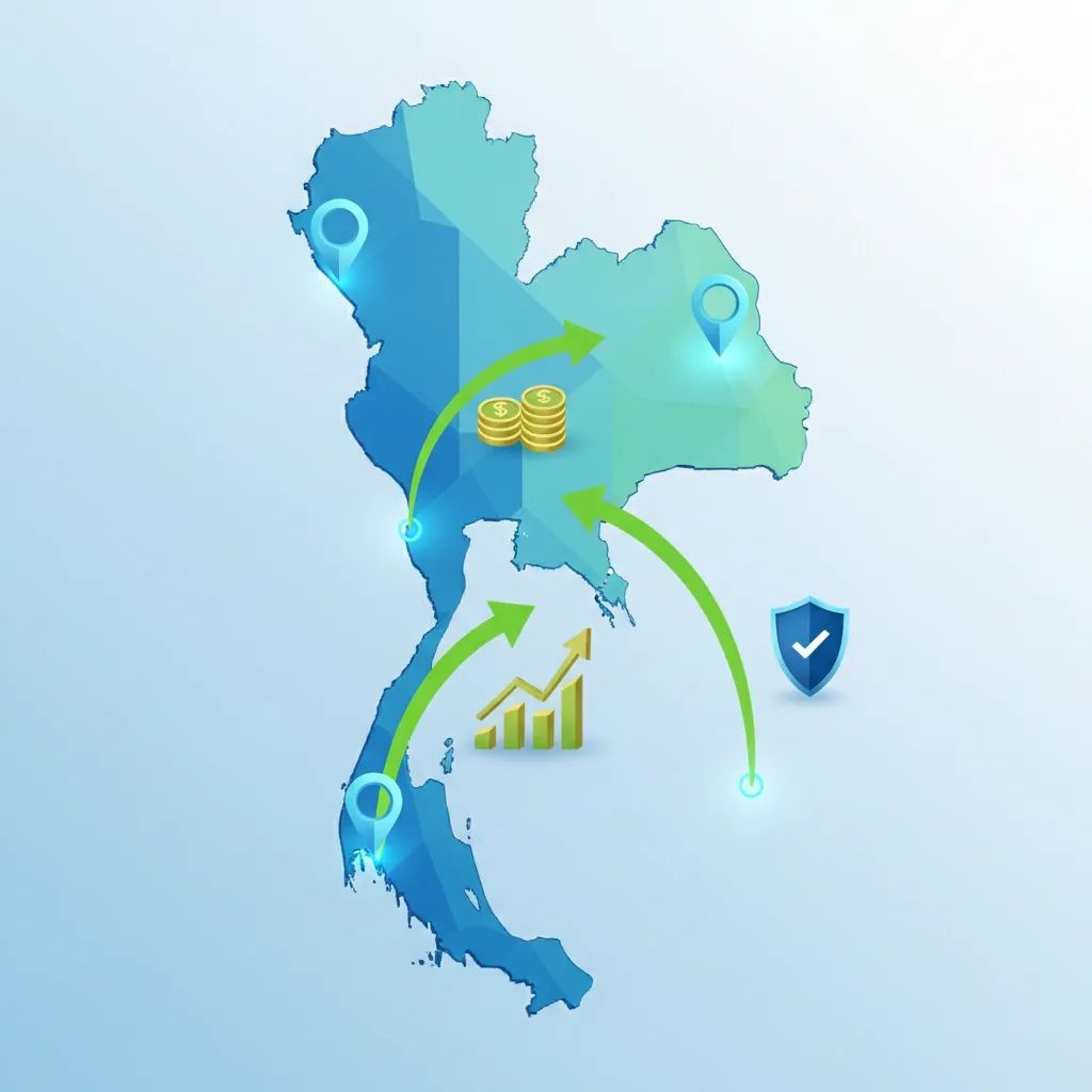 Infographic of Thailand map with border crossings, growth arrows and anti-corruption icons
