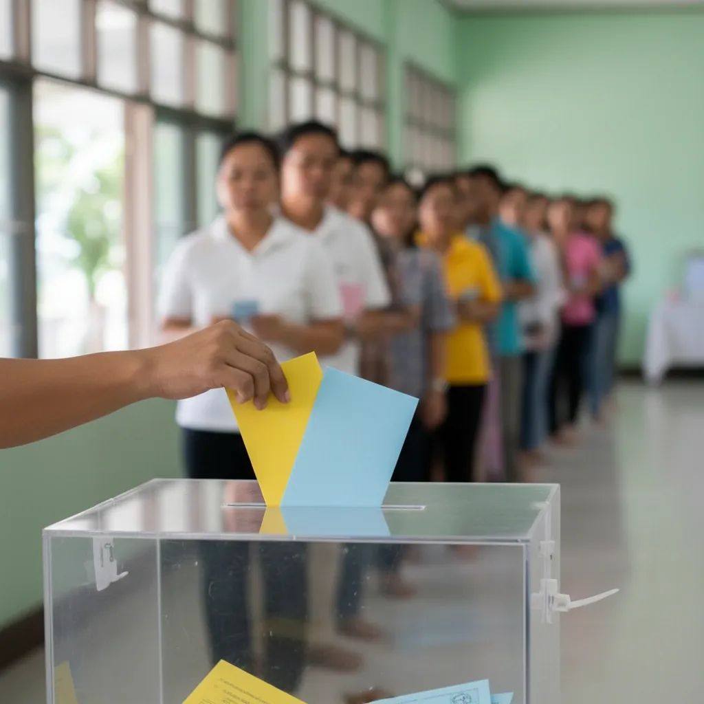 Voter dropping color-coded ballots into box at Thai polling station during snap election and charter referendum