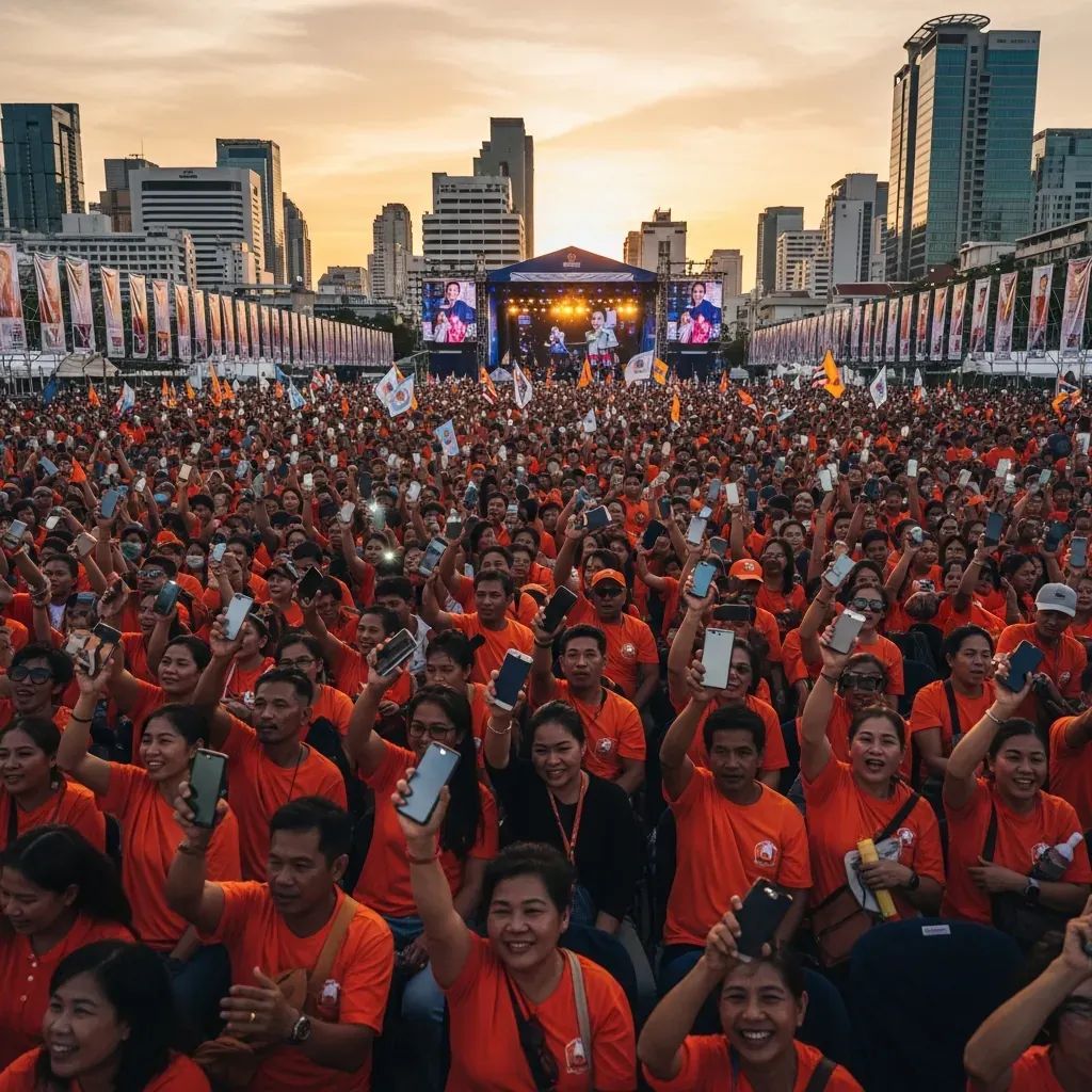 Wide shot of orange-clad crowd at Bangkok campaign rally waving smartphones