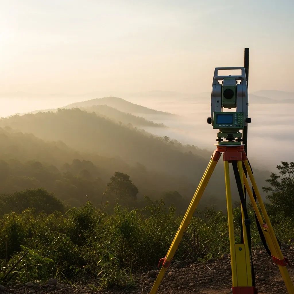 LiDAR surveying equipment on misty forested Thailand-Cambodia border highlands