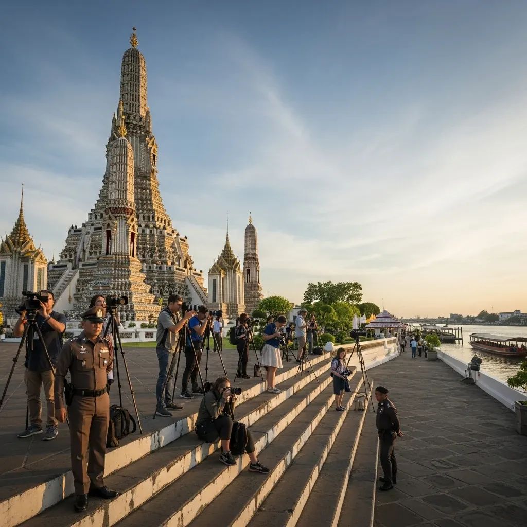 Wide shot of photographers and tourists on the stairs of Wat Arun temple with a police officer observing