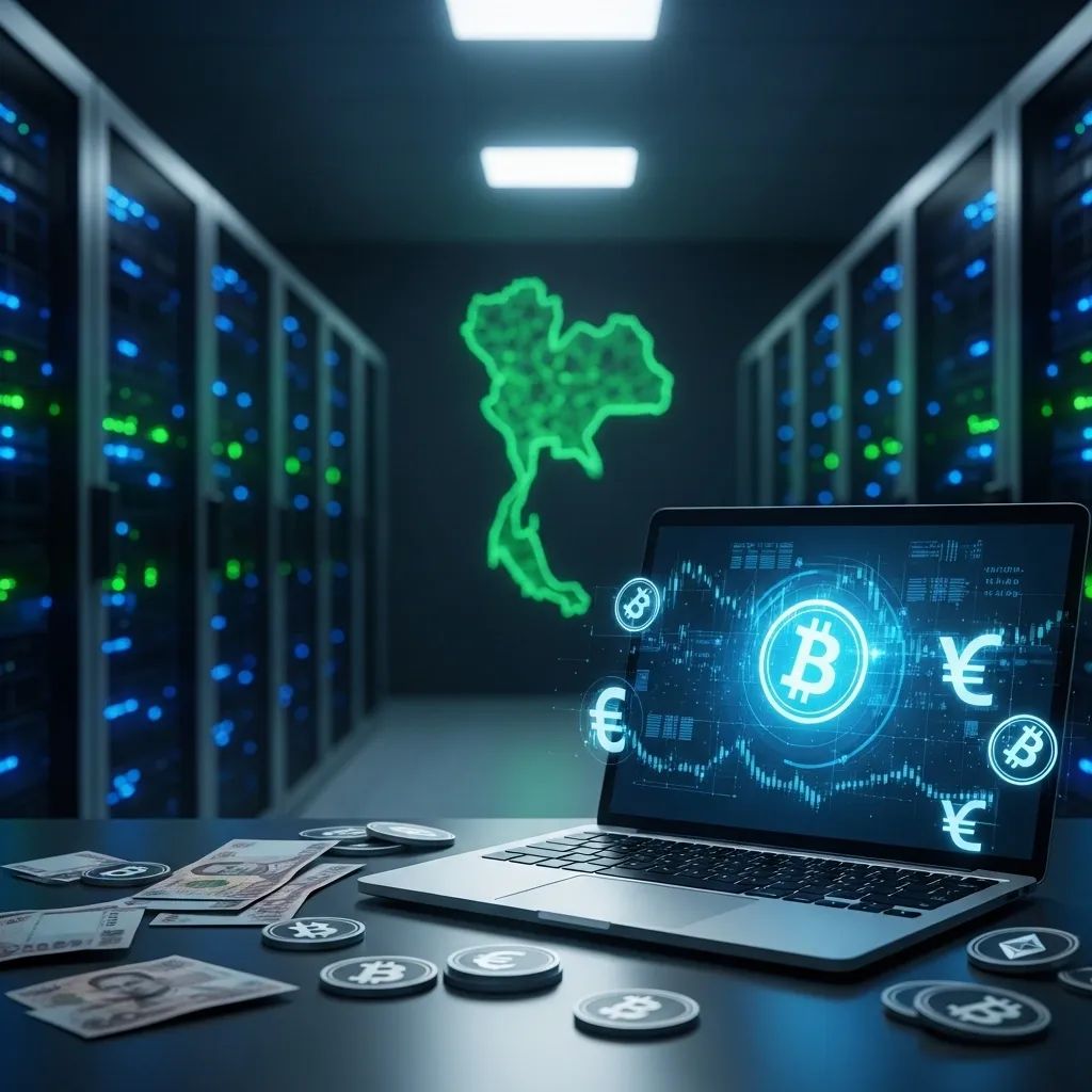 Dimly lit server room with laptop, Thai baht notes and crypto coins symbolizing piracy and money laundering