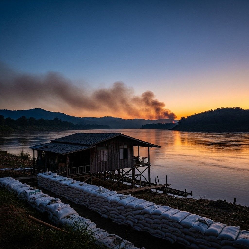 Riverside wooden house with sandbags on Thai border as smoke drifts from Myanmar at dusk