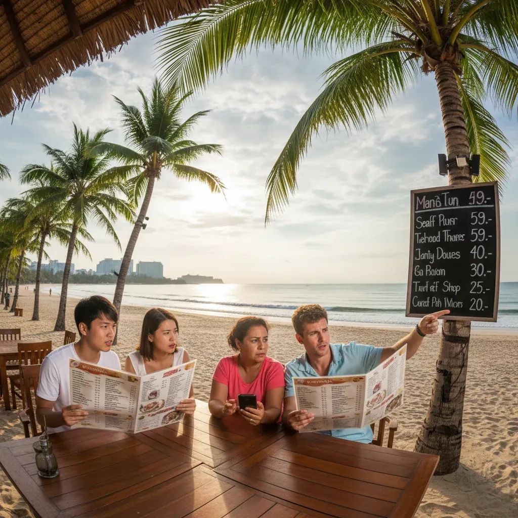 Tourists reviewing menu prices at a beachside cafe in Pattaya, illustrating pricing tensions affecting visitors