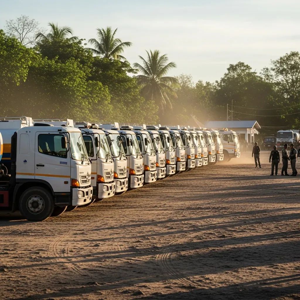 Fuel tanker trucks parked at a rural Thai-Cambodia border checkpoint under guard