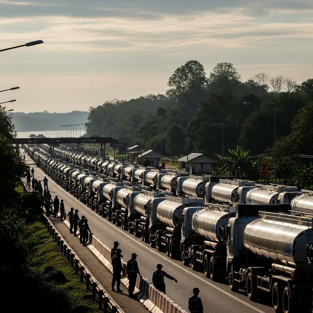 Line of fuel tanker trucks idling at a Thailand-Laos border checkpoint