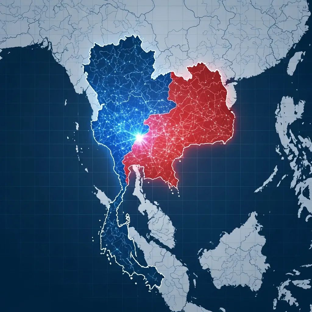 Infographic-style map of Thailand-Cambodia border with digital network overlay