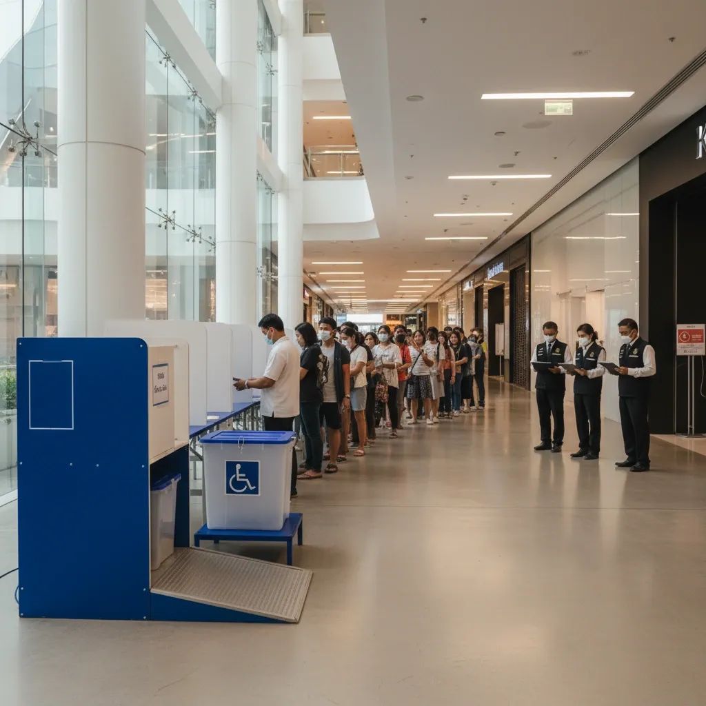 Polling station at a Thai shopping mall with voters queuing and observers with clipboards
