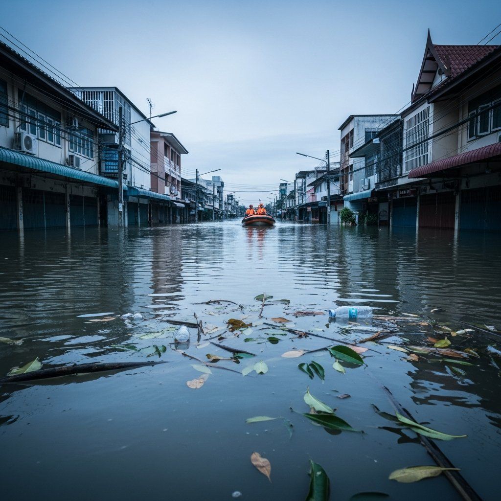 Flooded urban street in Hat Yai with submerged buildings and distant rescue boat