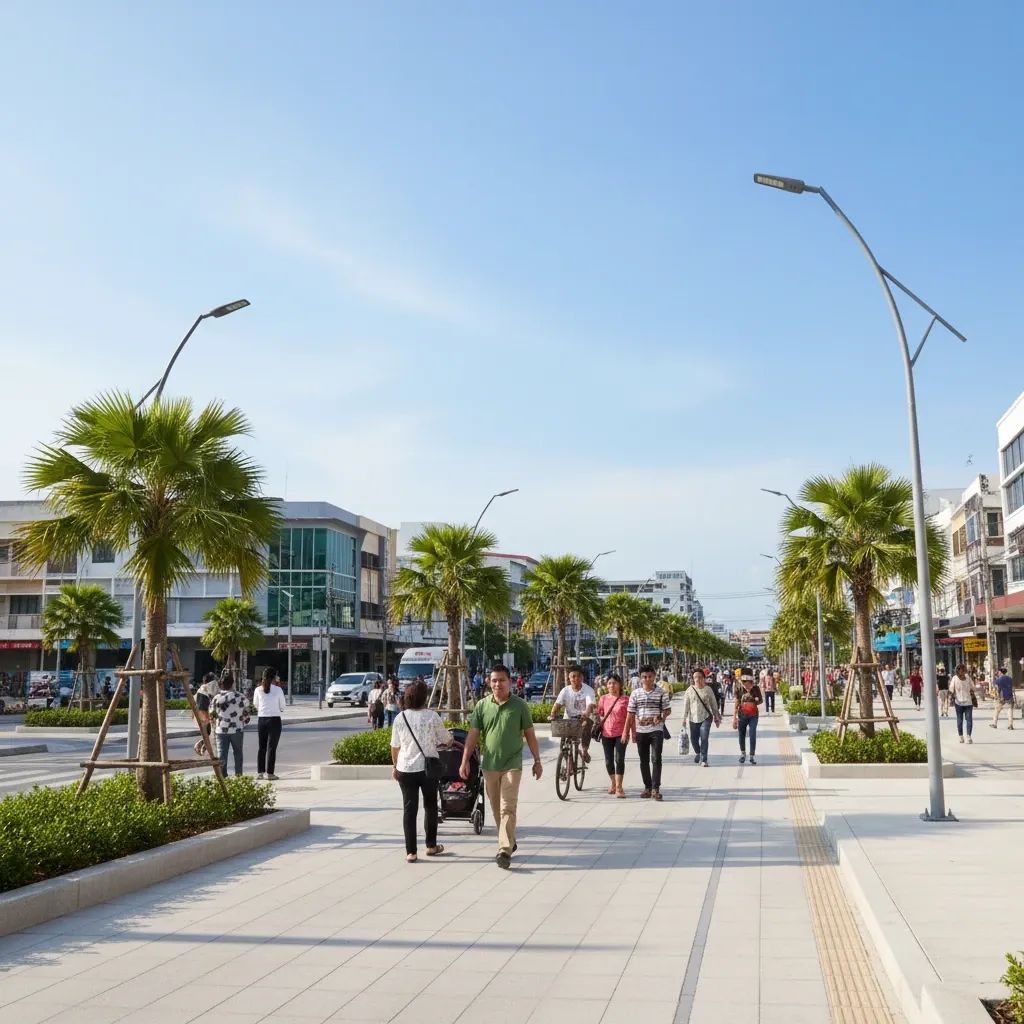 Renovated Pattaya street with wide sidewalks, modern lighting, and pedestrians in tropical urban setting