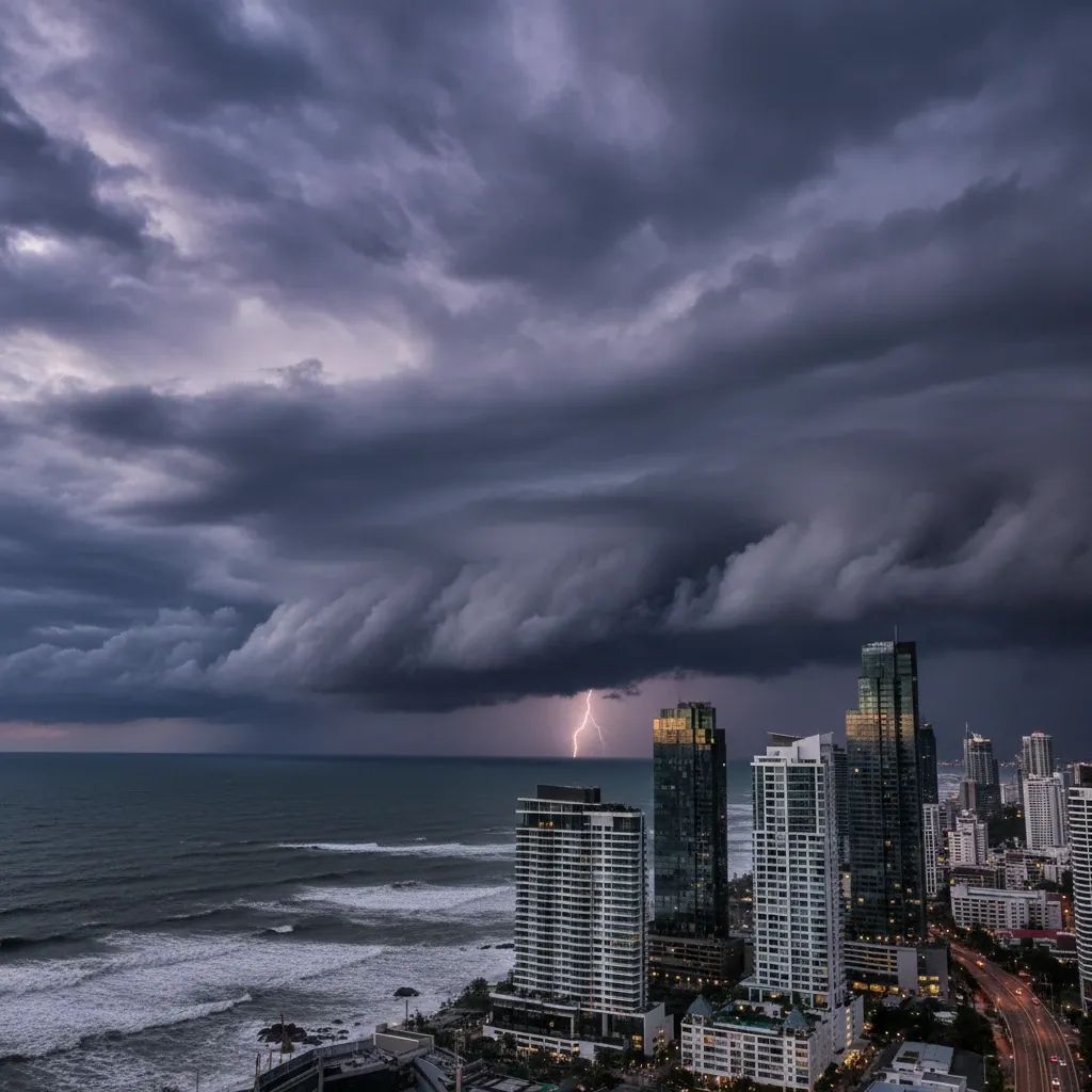 Dark storm clouds gathering over Pattaya coastline with rough seas and lightning in background